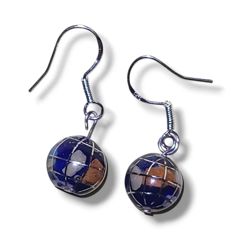 Sterling Silver Lapis Lazuli Inlay World Globe Dangle Earrings Planet Earth